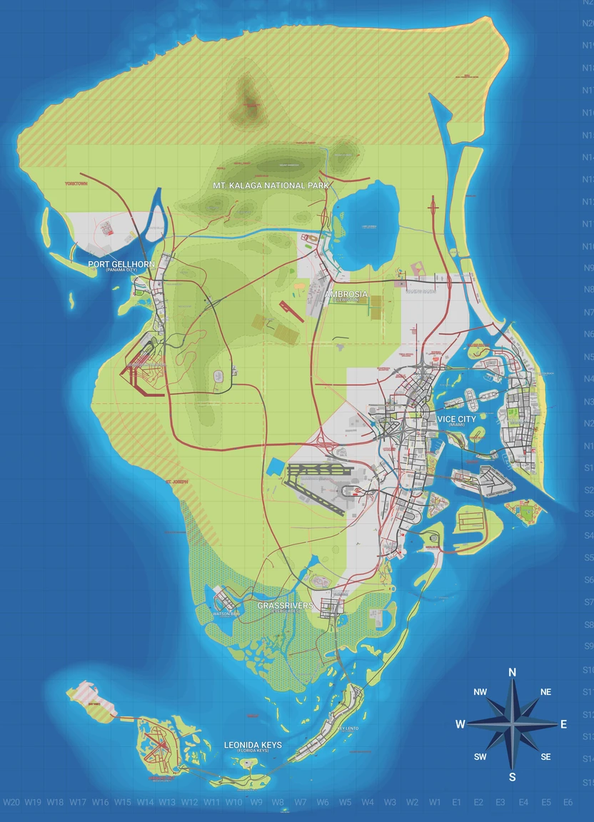 Community reconstruction of the GTA 6 map of Leonida with 21 reviewed placements marked