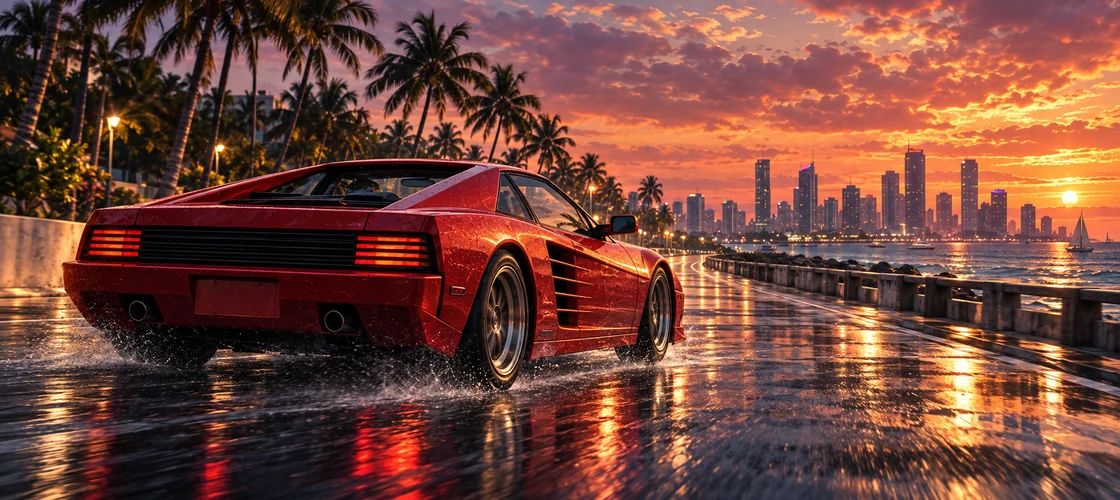 Illustrative coastal sports-car scene; it does not depict the named vehicle.