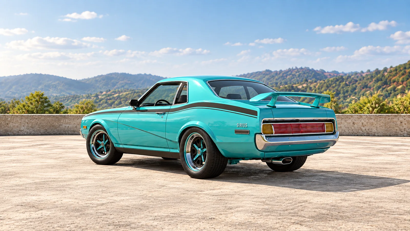 A turquoise coupe with a SIRIUS badge on the rear quarter
