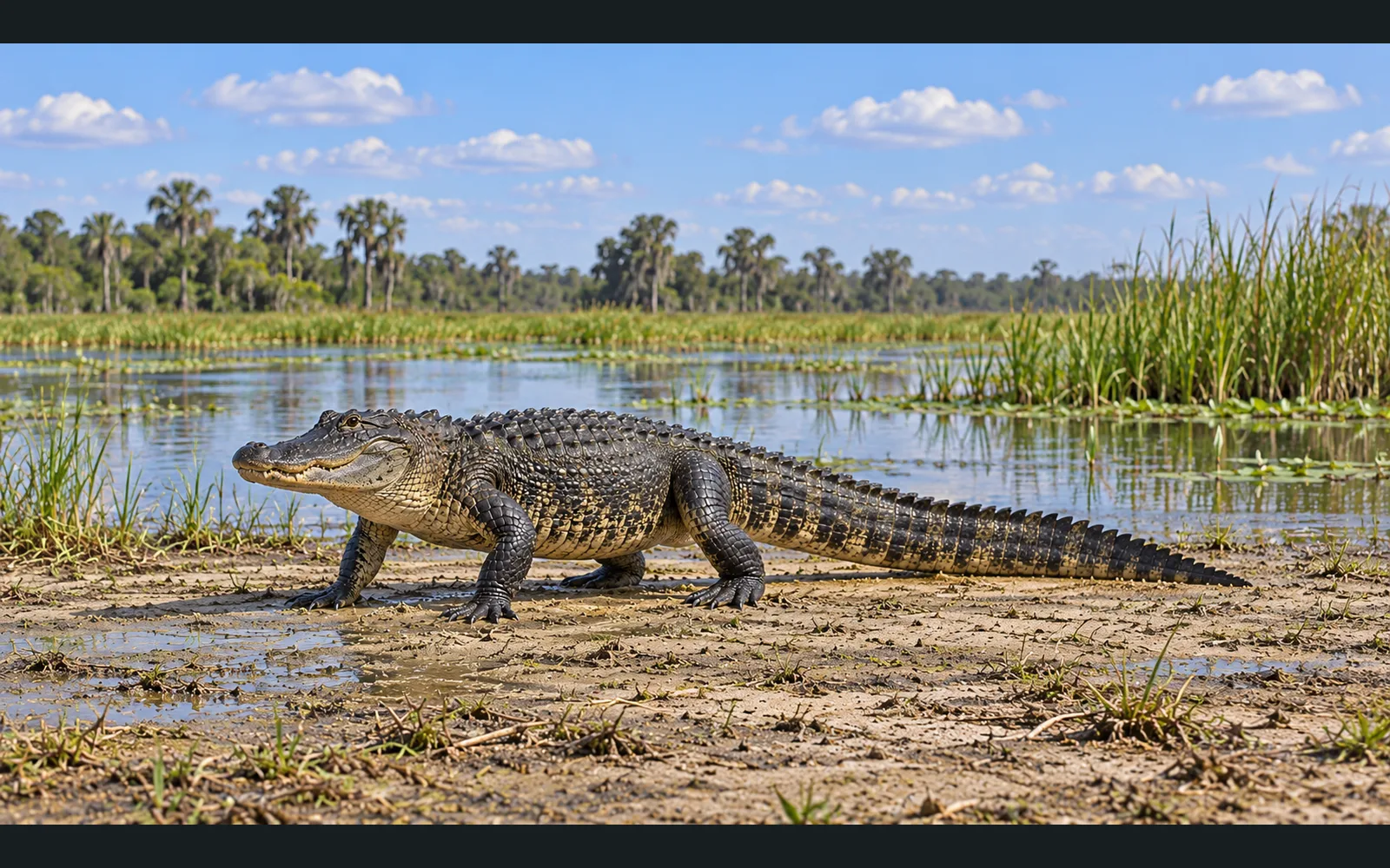 An alligator in a neutral wetland setting